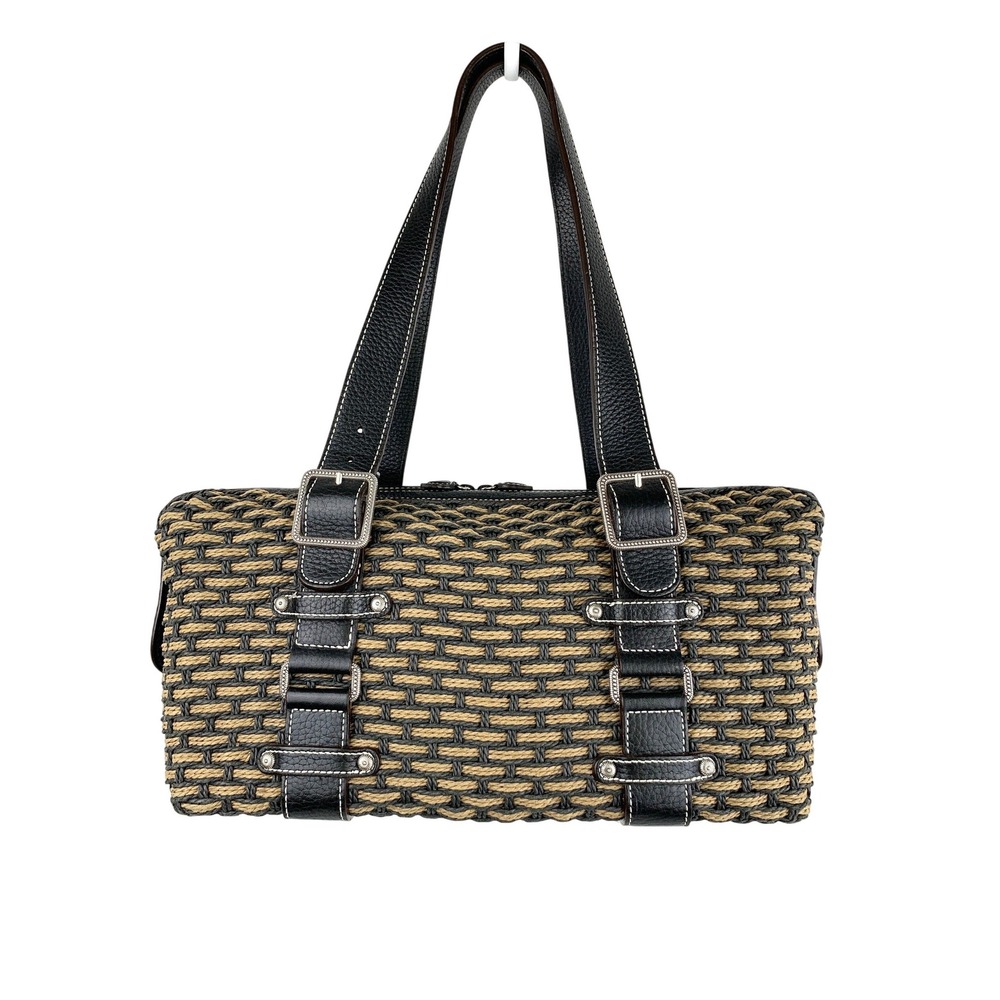 Brighton Woven Wicker Shoulder Bag Cord Straw Leather Brown Box Satchel OS